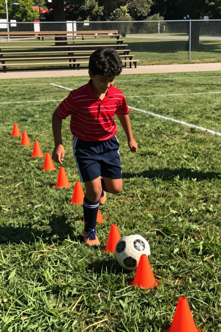 Classic soccer practice fit: Red stripes and navy shorts