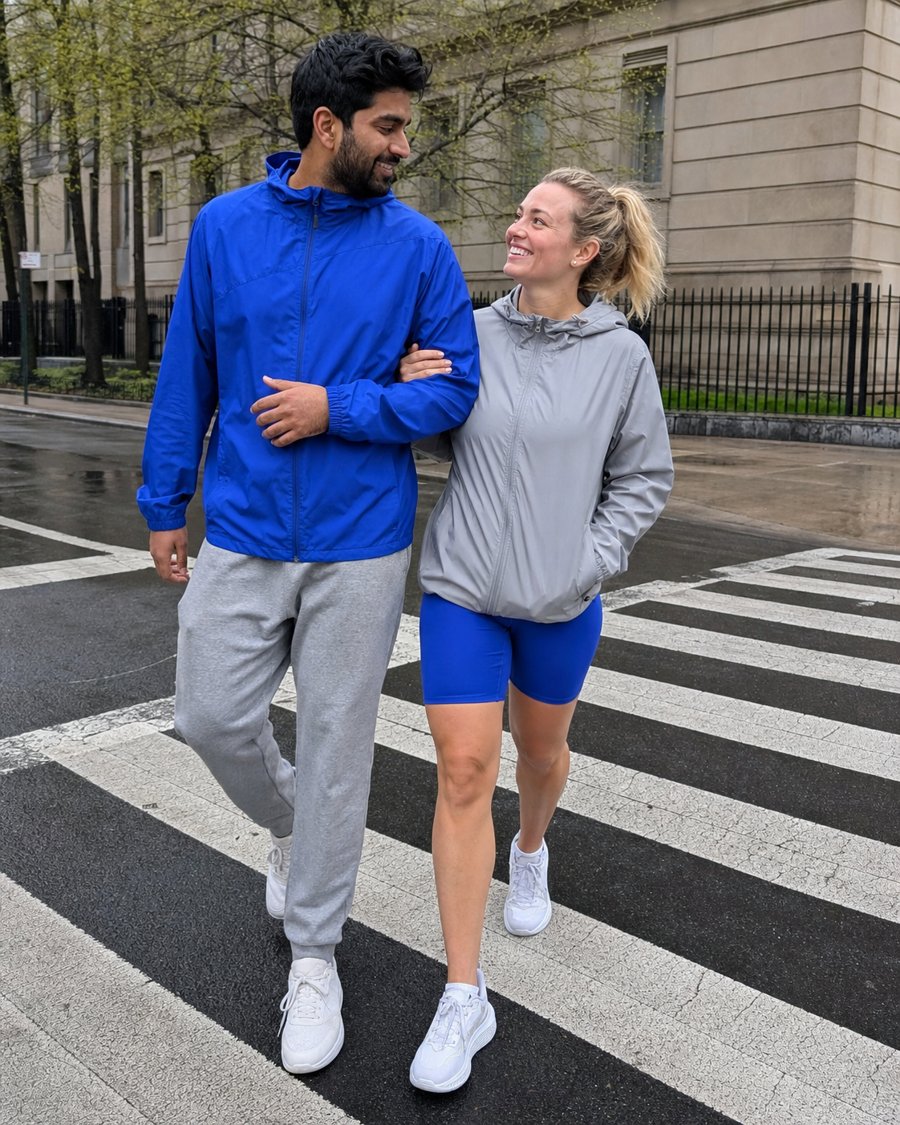 running errands in matched grey and blue fits