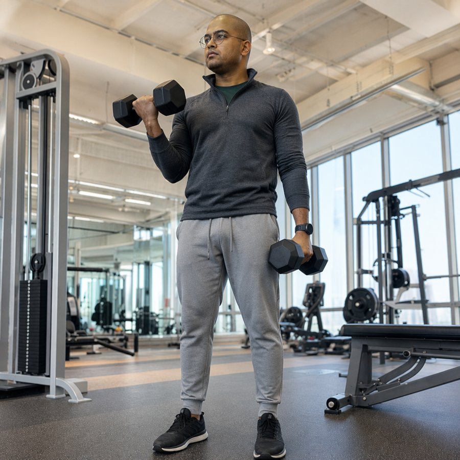 that quarter zip is carrying the whole fit