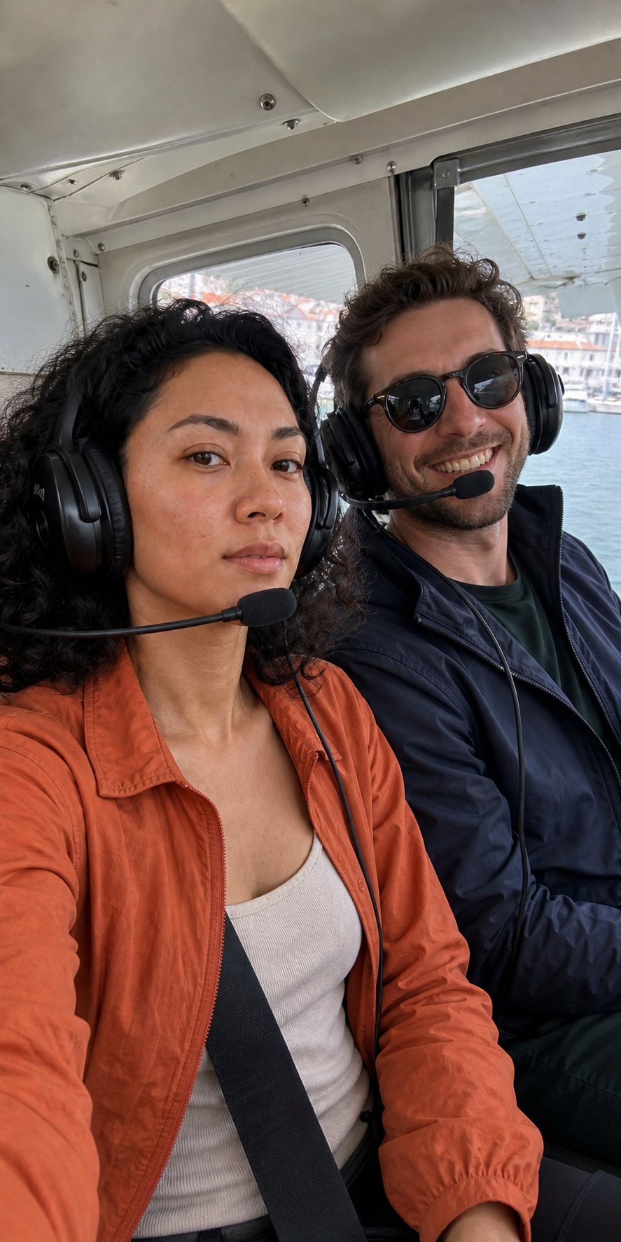 terracotta field jacket on a helicopter ride