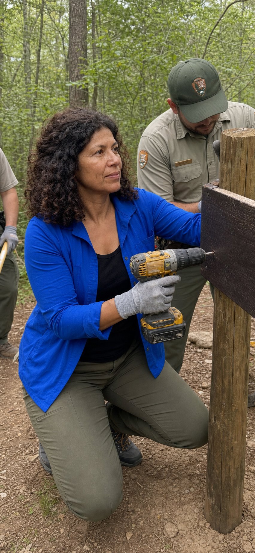 Drilling wood in a cobalt blue shirt.