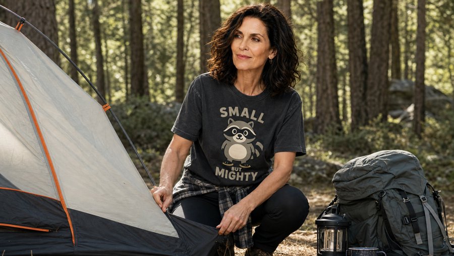 Wearing this Jimothy tee with 'SMALL BUT MIGHTY' text basically turns me into a tank for camping.