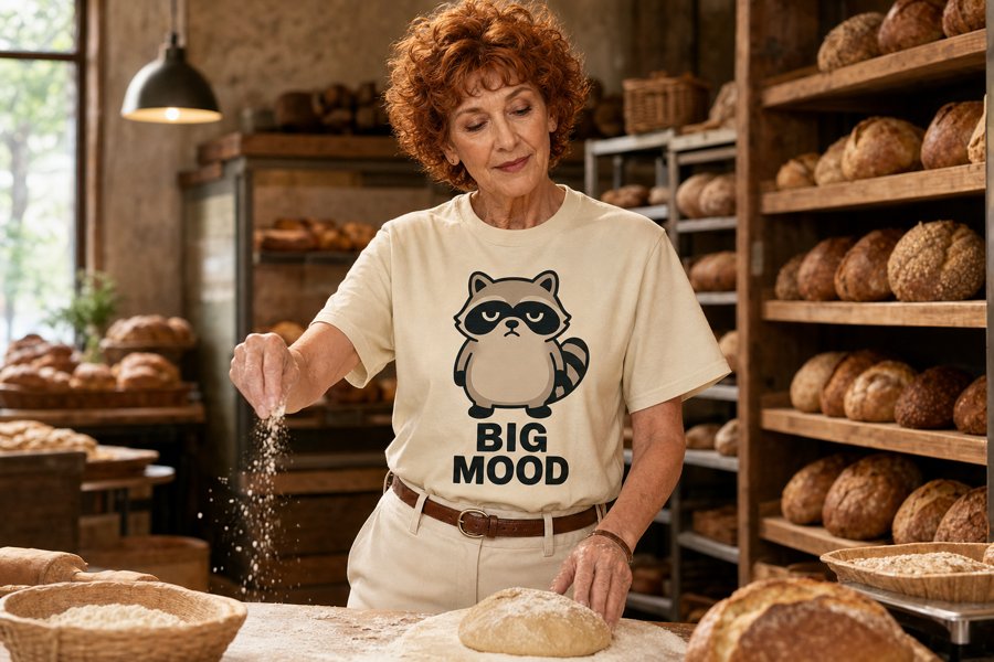 Jimothy popping on this beige tee for big mood