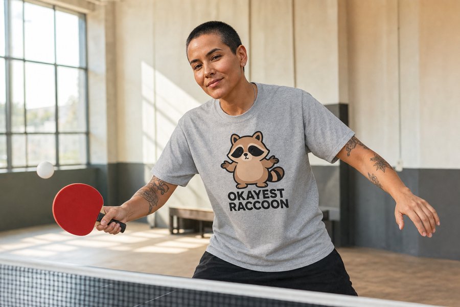 The muted grey tone is the perfect stage for Jimothy's "OKAYEST RACCOON" text.