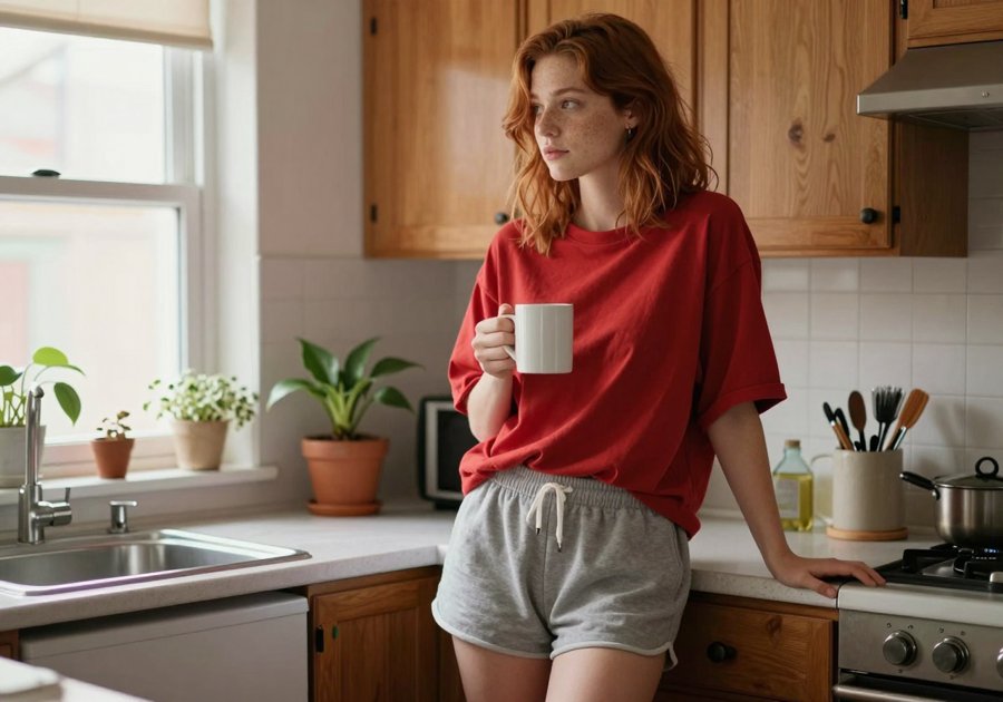 The red tee has a solid drape.