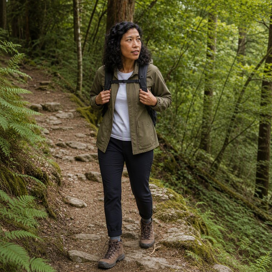 That olive field jacket is basically armor for tackling mossy trails.