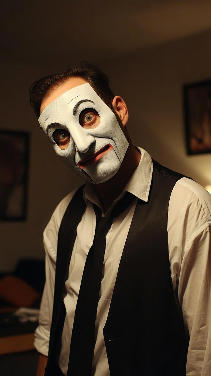 creepy theater mask plus a vest is unsettling in the best way