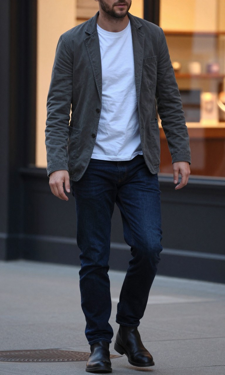 a blazer over a tee with chelsea boots is easy date-night sharp