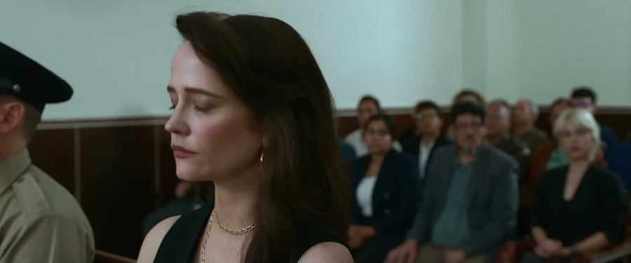 Eva Green in Just Play Dead — the gold hoops are carrying this whole fit