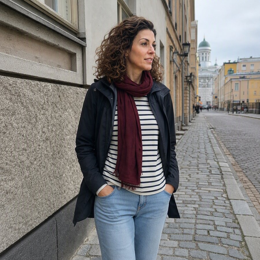 that maroon scarf does all the heavy lifting