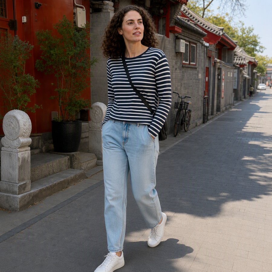 stripes vs plain denim, classic combo