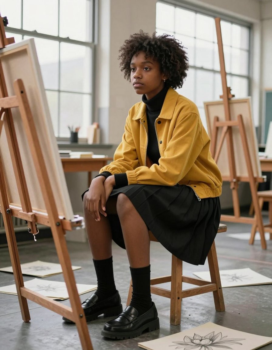 Mustard Bomber Jacket Styling for Art Class