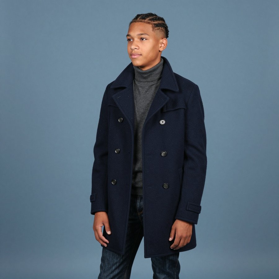 this navy coat and grey turtleneck is literally doing too much