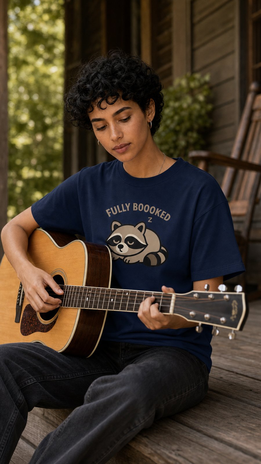 Navy blue creates the perfect contrast for the Jimothy 'FULLY BOOOKED' graphic.
