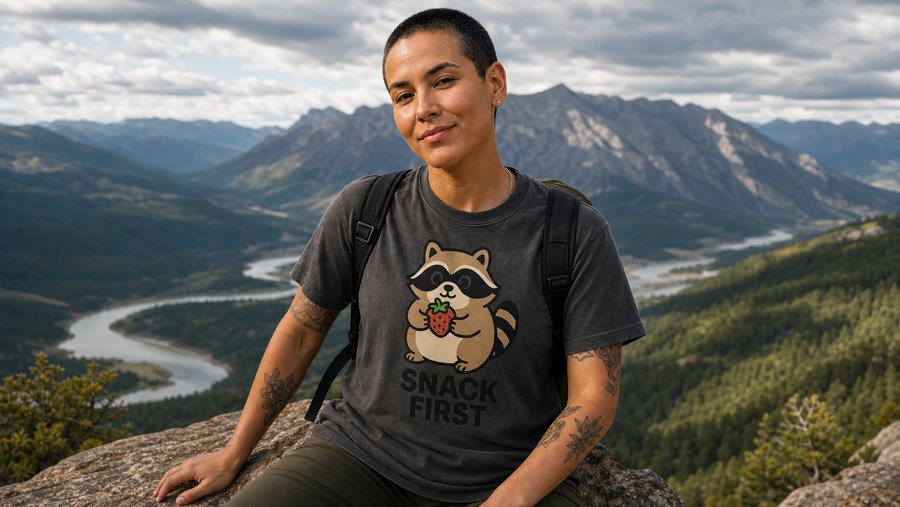 Jimothy brings the SNACK FIRST message to this vintage-style shirt.