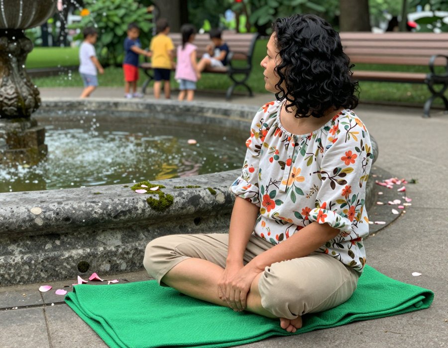 Floral blouse and tan pants: park day perfection