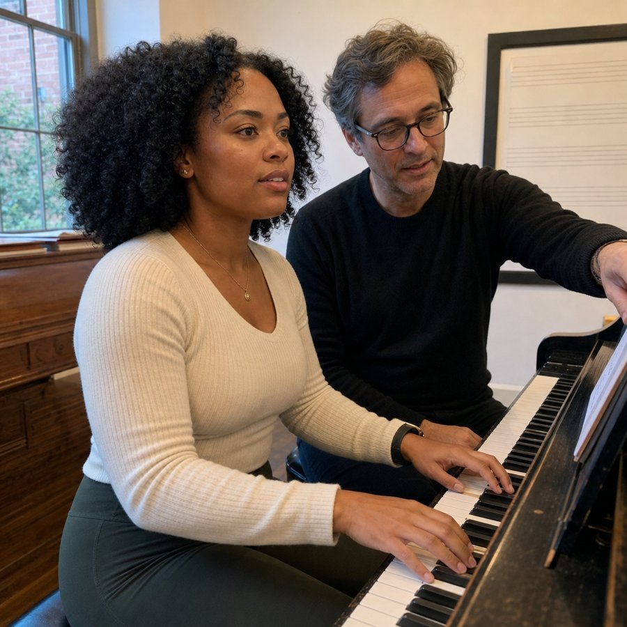 That cream ribbed top is giving major cozy pianist energy