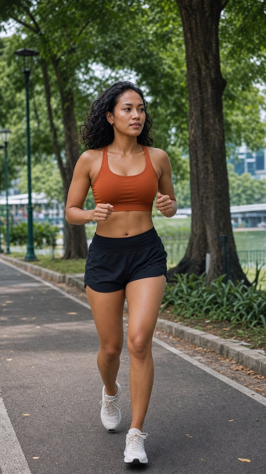 rust sports bra popping against black shorts
