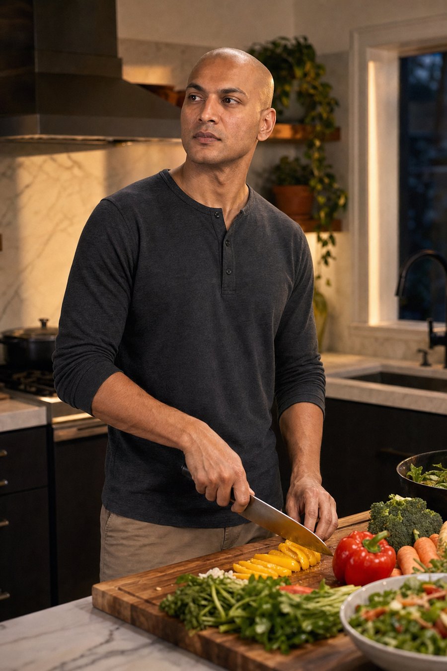 The charcoal henley grounds the bright kitchen scene.