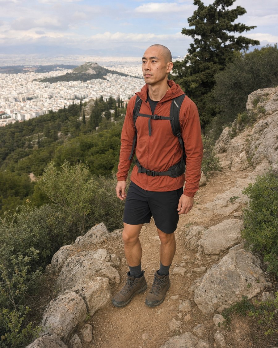Rust windbreaker setting the tone for the whole hike.