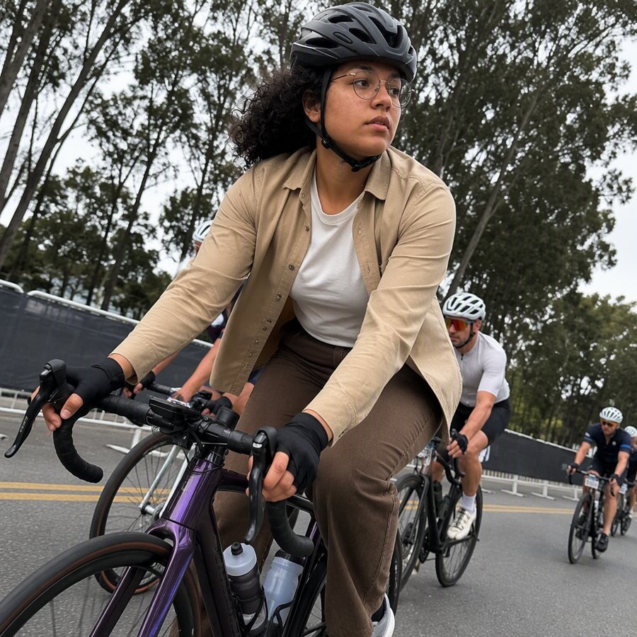 Tan overshirt and brown pants? A match made in cycling heaven.