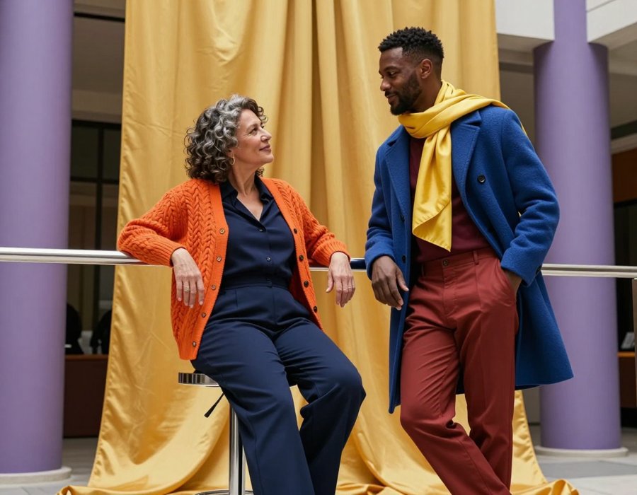 blue coat and yellow scarf are loud