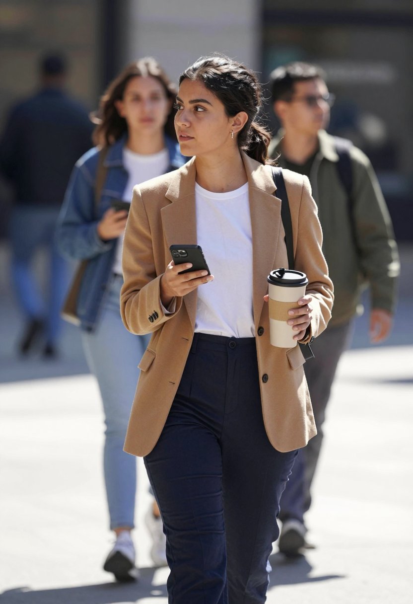this camel blazer is actually doing all the work