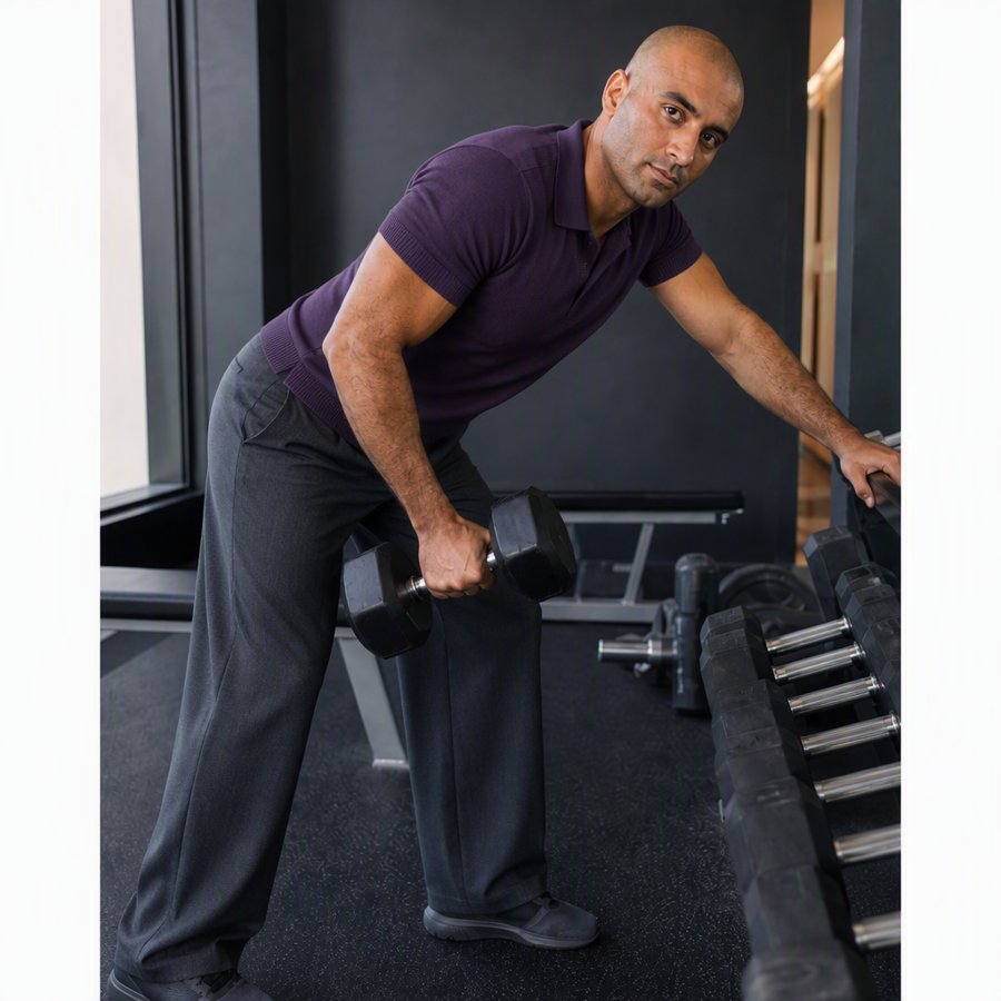 purple knit polo at the gym is a power move