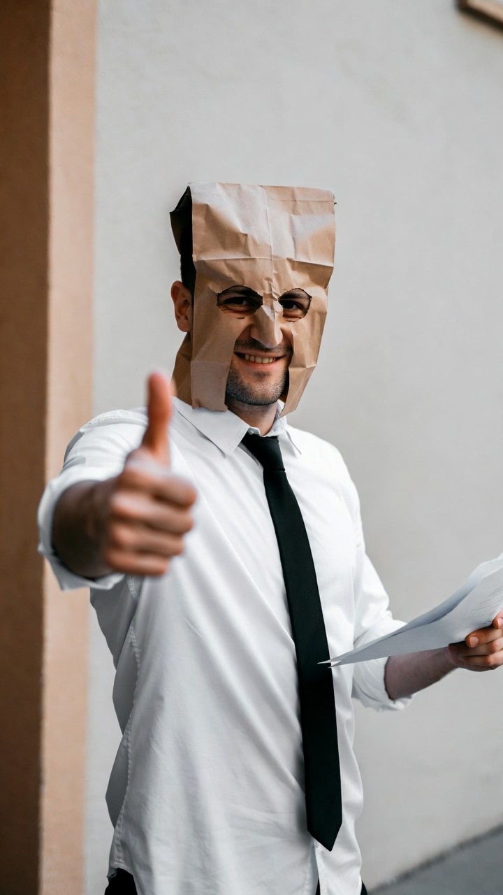 paper bag over the head, thumbs up, iconic behavior