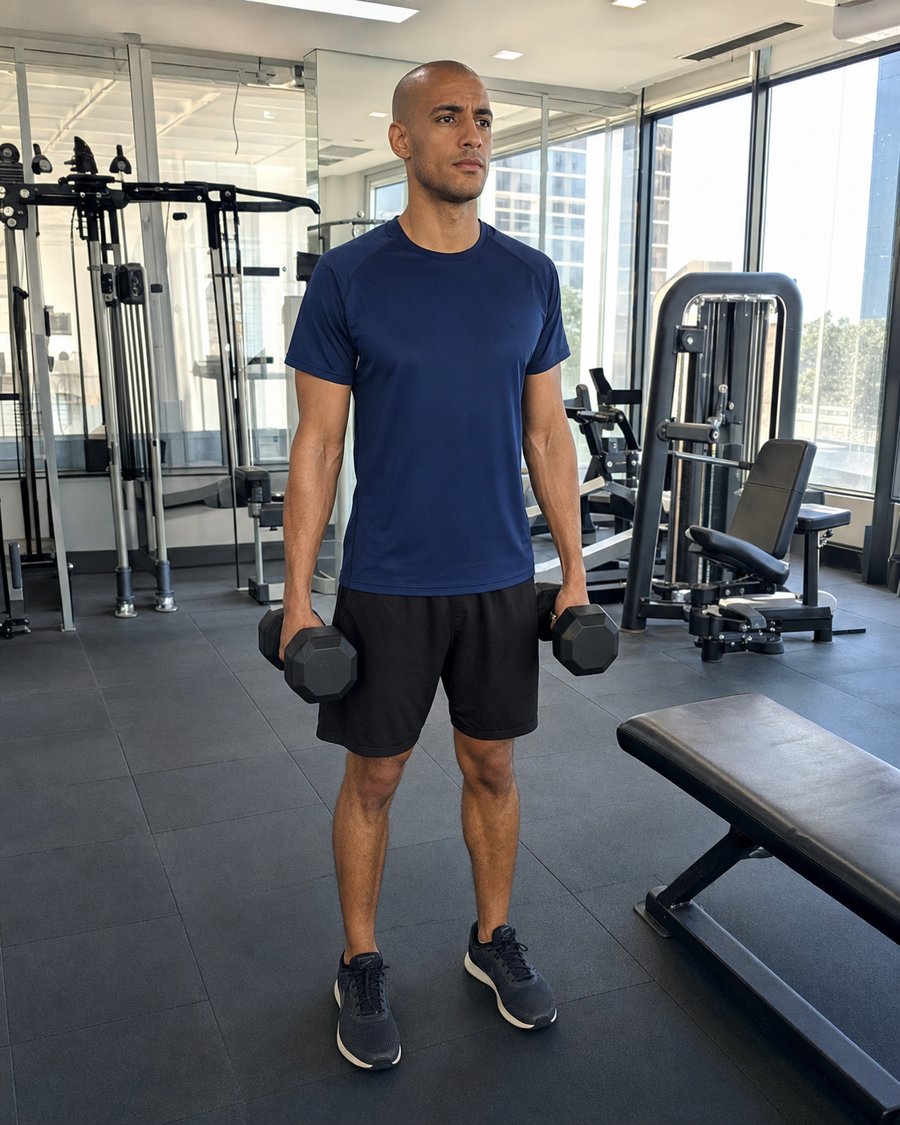 navy tee is carrying this gym fit