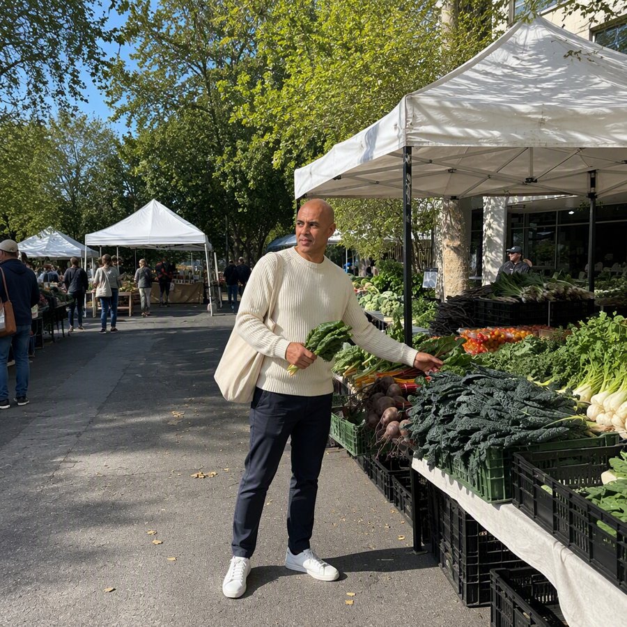 I'm wearing a cream knit sweater to the farmers market every Sunday