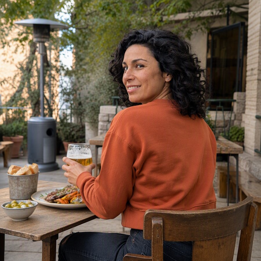 waiting for the check at a patio table
