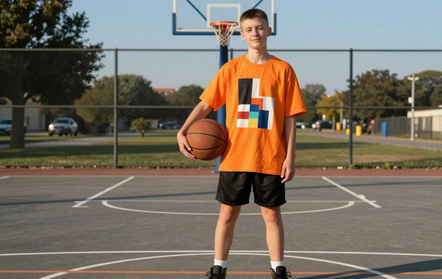 That orange shirt is loud, but the geometric blocks are actually really cute.
