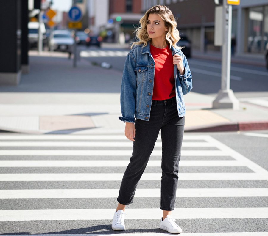tomato red is the trending shade that completes this casual look