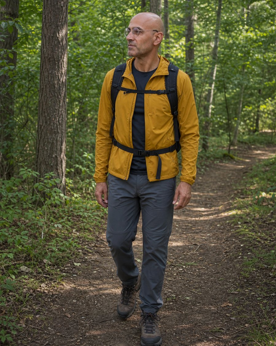 mustard jacket bringing the perfect pop of color to the woods