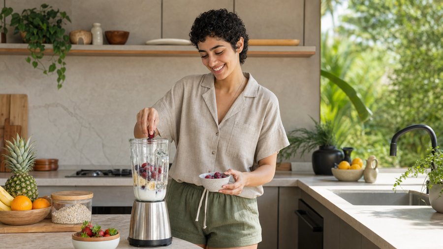 The oatmeal shirt is such a clean canvas for the berry print