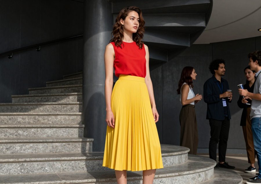 red and yellow pop against the grey stairs