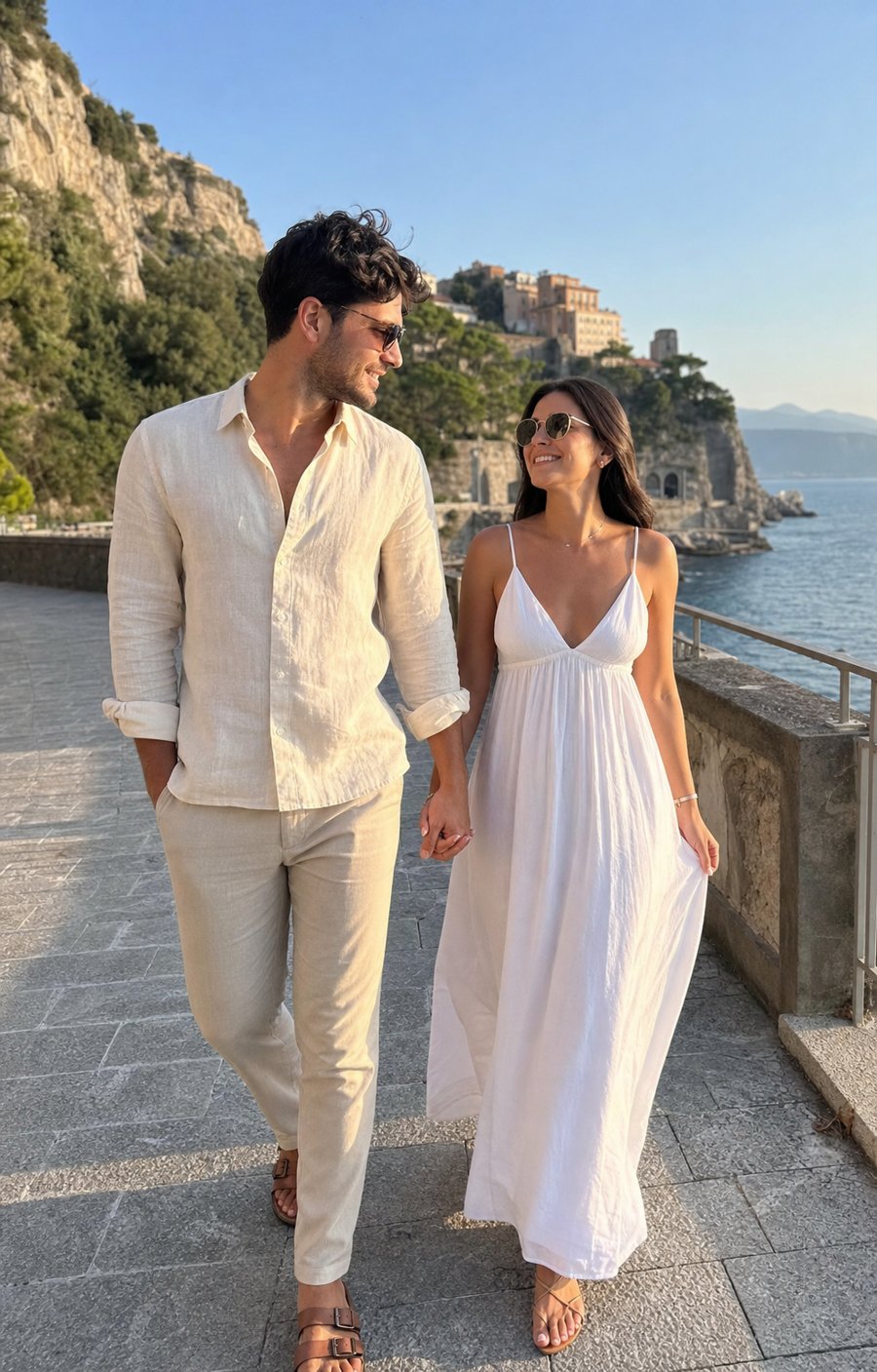 He is structured and she is floaty in this coastal duo fit.