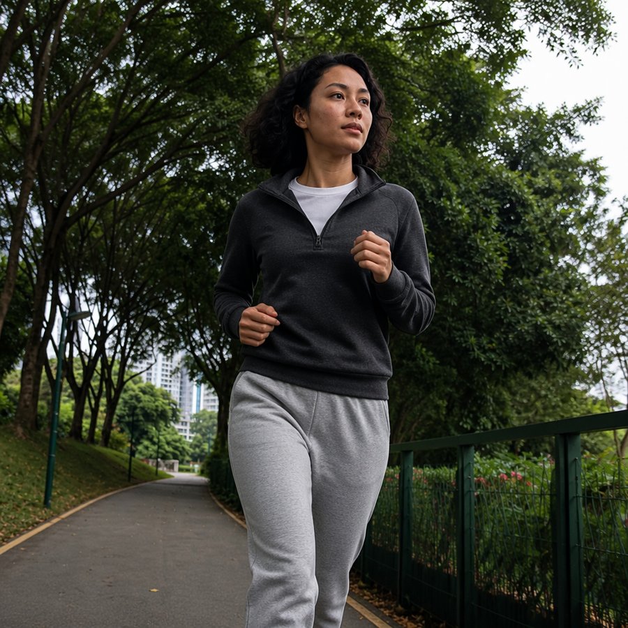 early morning jog with a quarter-zip on deck