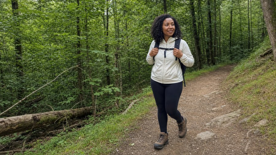 A windbreaker and leggings? Basically essential gear for a forest walk.