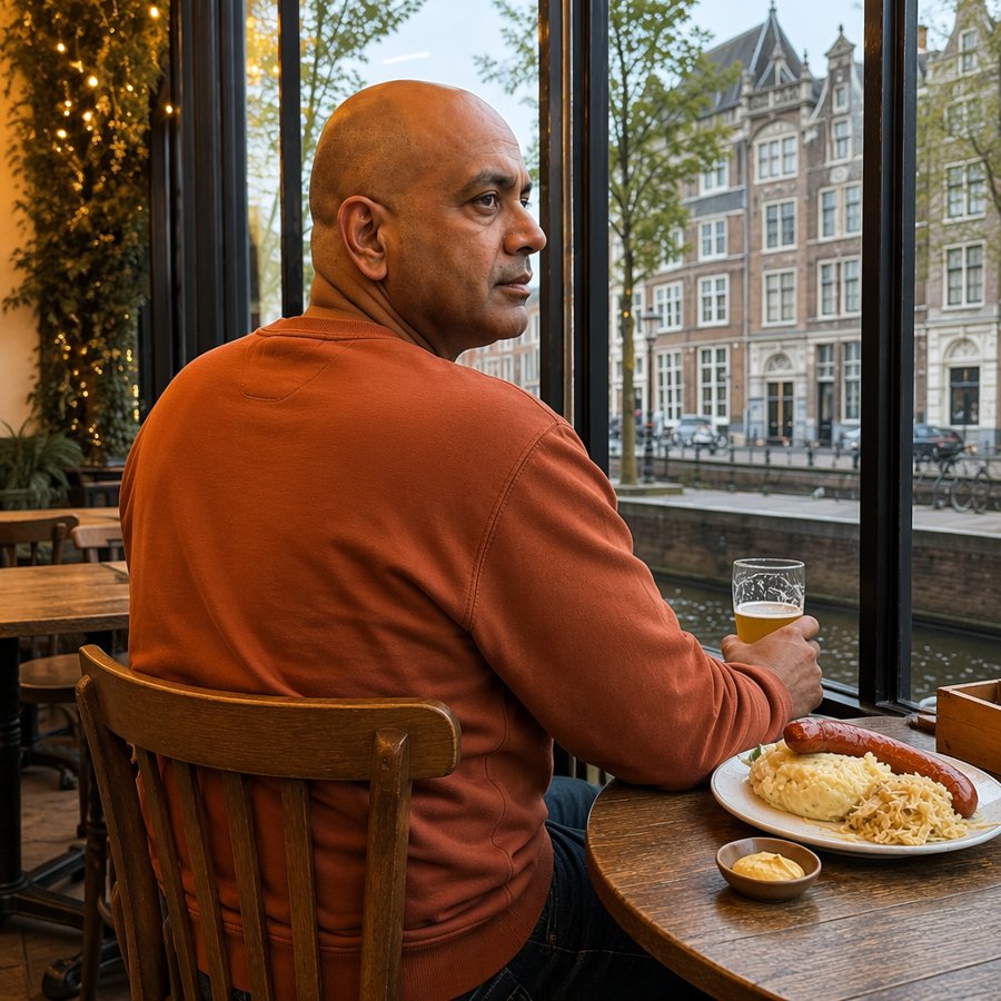 Rust sweater anchors the lunch look.