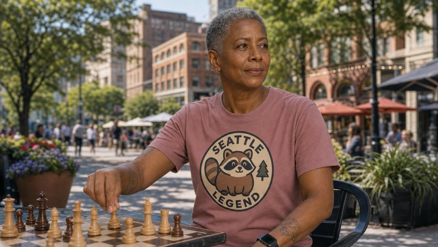 Spot that round Jimothy raccoon drawing on a SEATTLE LEGEND tee.
