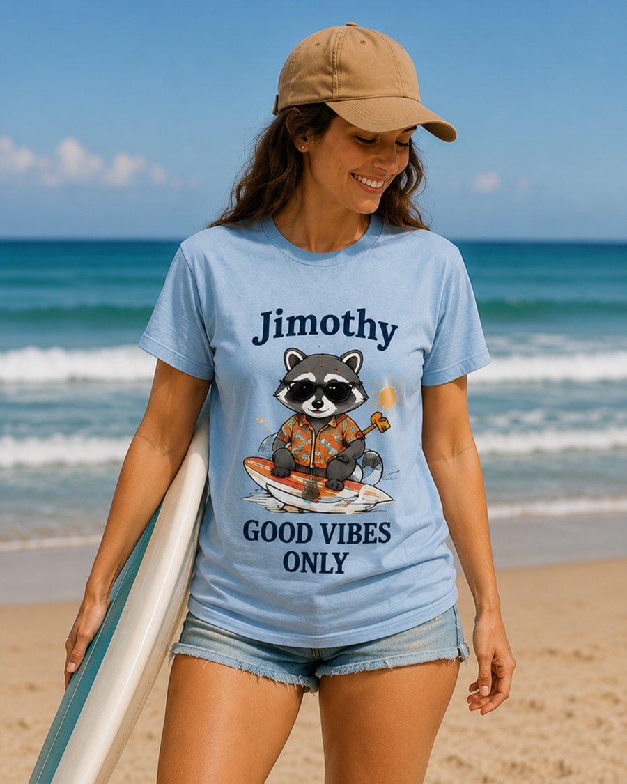 Jimothy's GOOD VIBES ONLY tee looks so sweet on this pastel blue