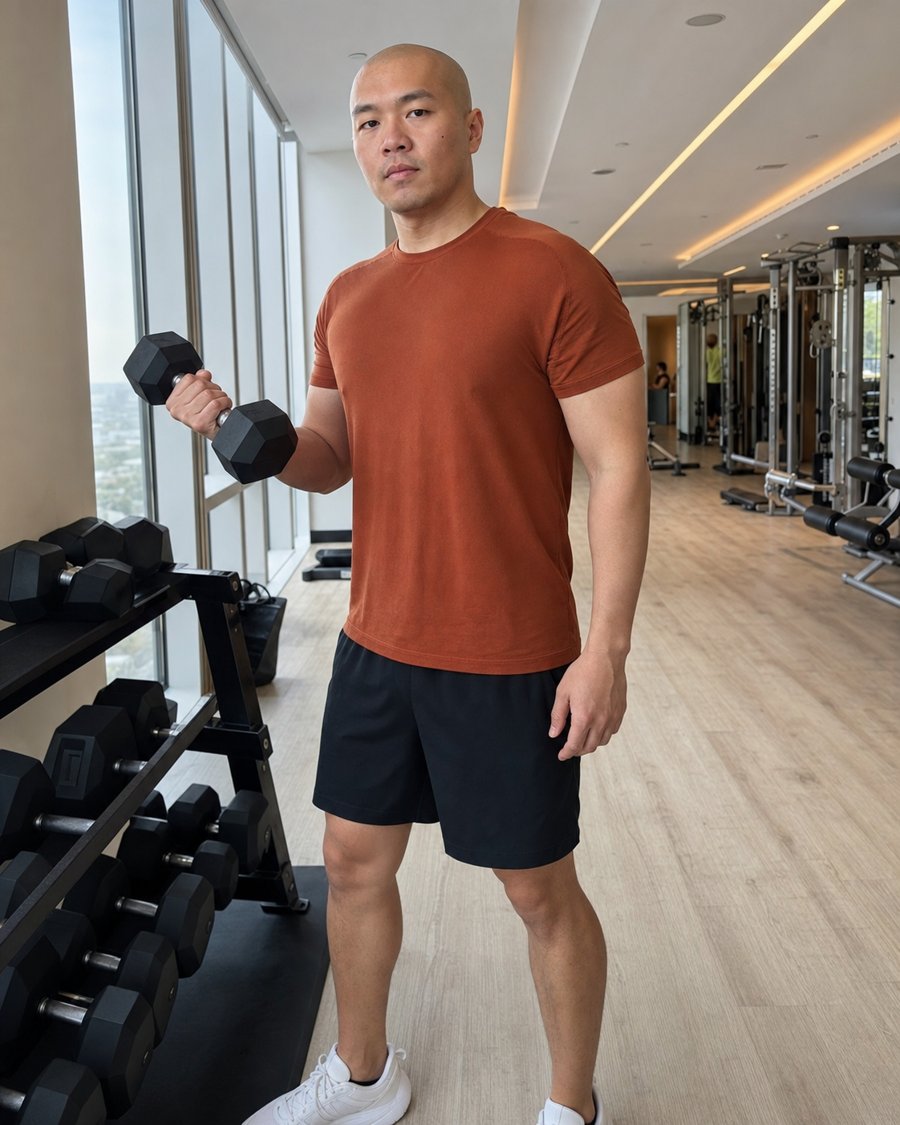Your rust tee brings the whole gym fit together.