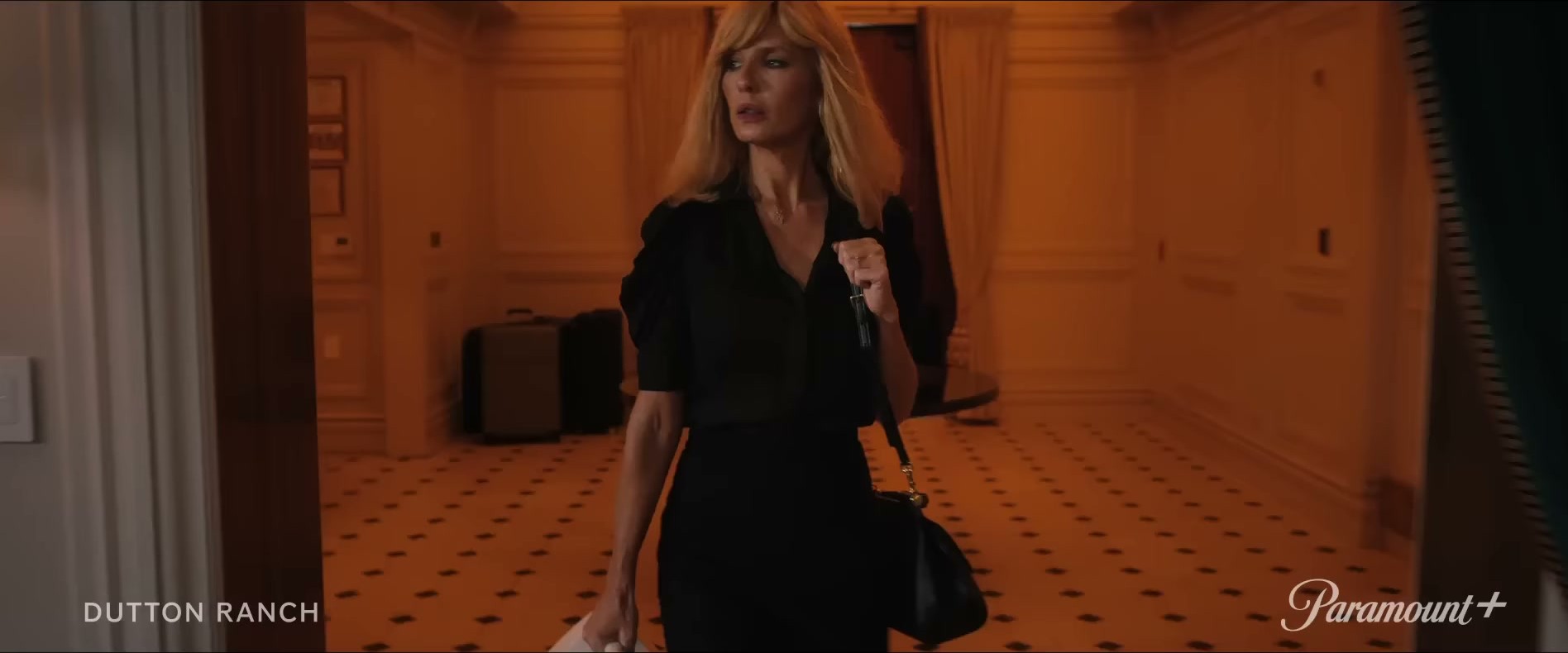 Kelly Reilly in Dutton Ranch on Paramount+ — those puff sleeves are doing all the work