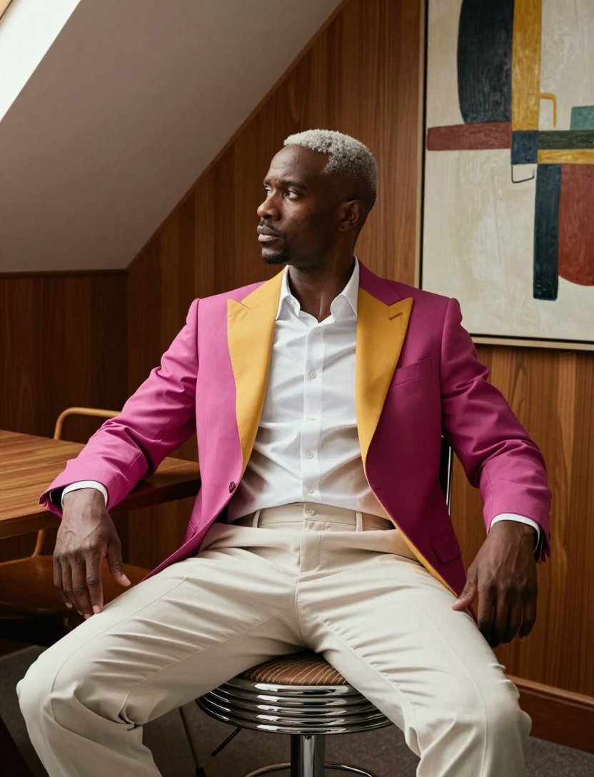 pink jacket with yellow lapels is such a vibe
