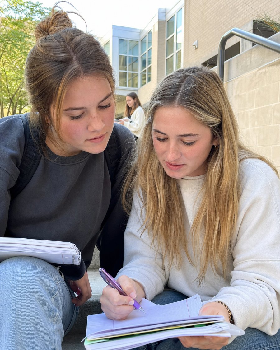 That cream sweater is giving cozy campus core.