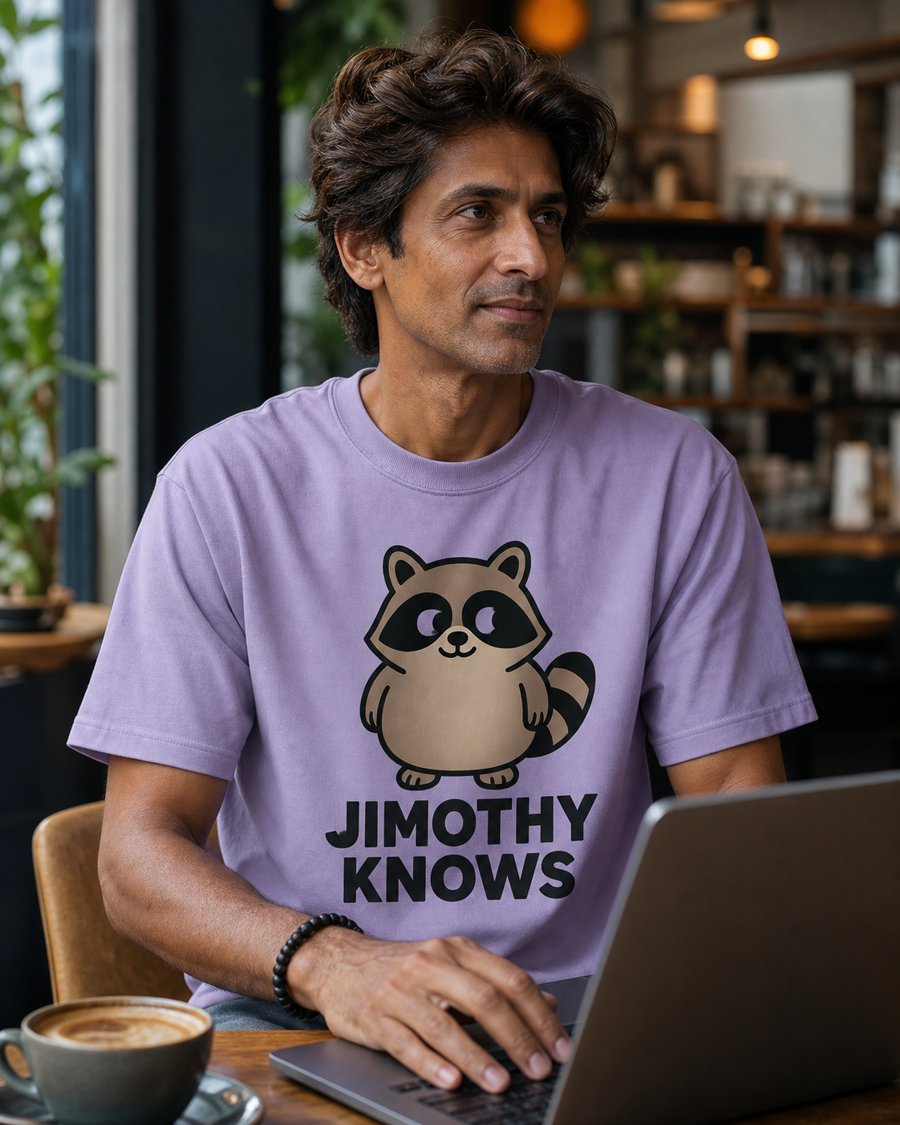 Jimothy Knows I'm grabbing coffee in this lavender tee