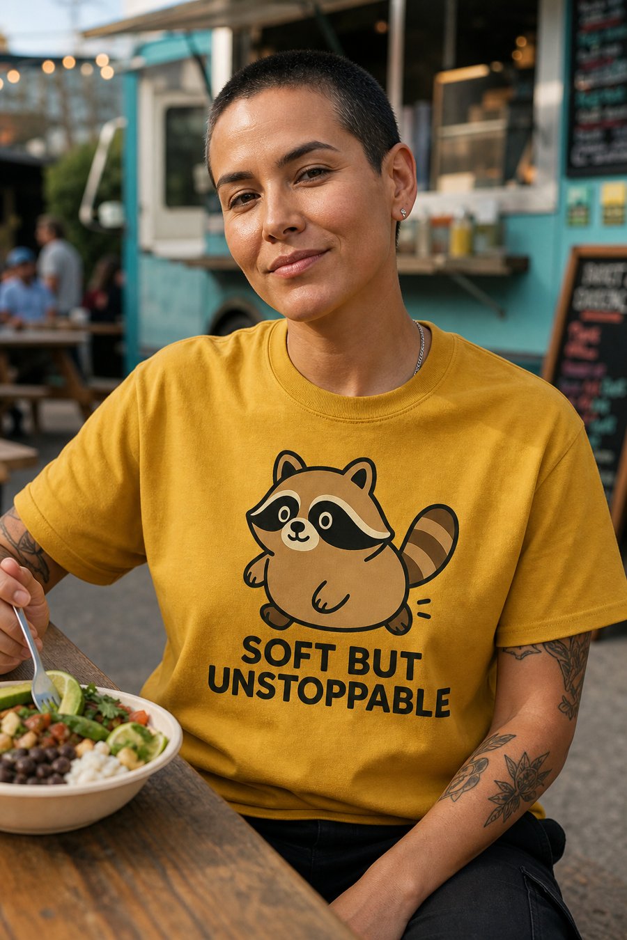 Jimothy on this tee states SOFT BUT UNSTOPPABLE.