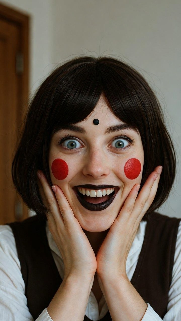 the rag doll makeup with the pinafore is too cute to be scary